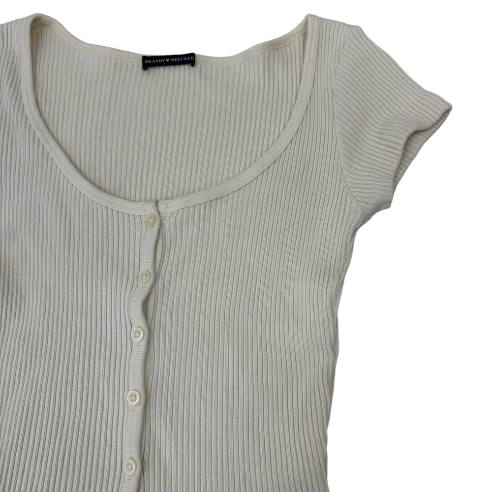 Brandy Melville Ivory Ribbed Scoop Neck Short Sleeve Jersey Top, OS